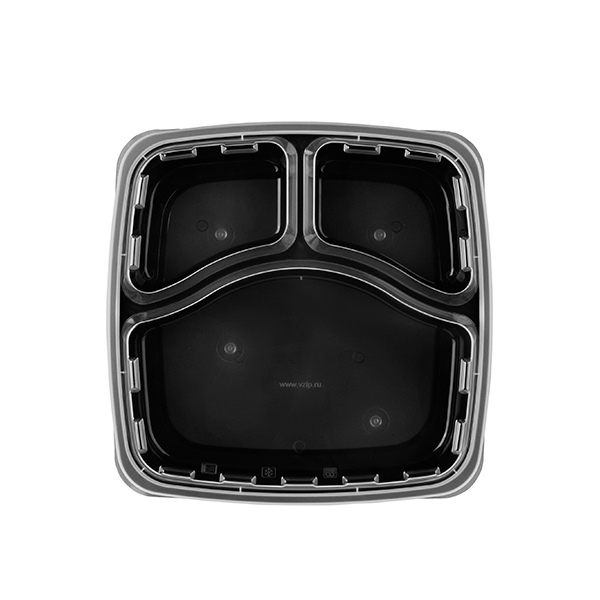 Контейнер квадратный 3-секц 229*229*51мм 1400мл с крышкой черный 1263Ч (100)