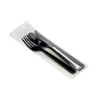 Набор: 5/1 вилка, ложка, нож, зубочистка, салфетка белая Премиум черный (300)